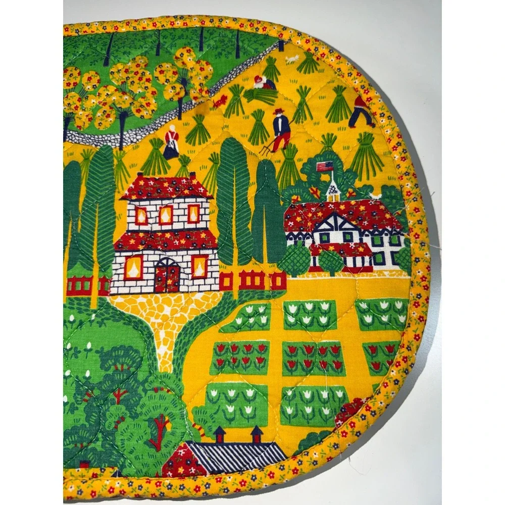 Farm Folk Art Quilted Placemats Green Yellow‎ Set of 4 Cottagecore Farmer Calico